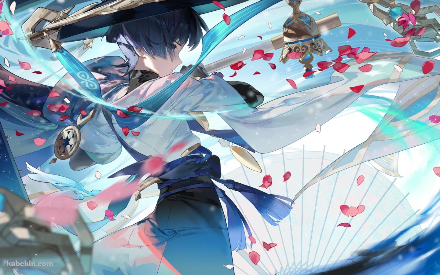 武器をかまえるかっこいいスカラマシュ / 放浪者 / ピンクの花びら / 原神の壁紙(1440px x 900px) 高画質 PC・デスクトップ用