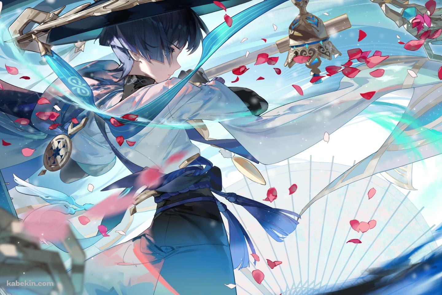 武器をかまえるかっこいいスカラマシュ / 放浪者 / ピンクの花びら / 原神の壁紙(1440px x 960px) 高画質 PC・デスクトップ用