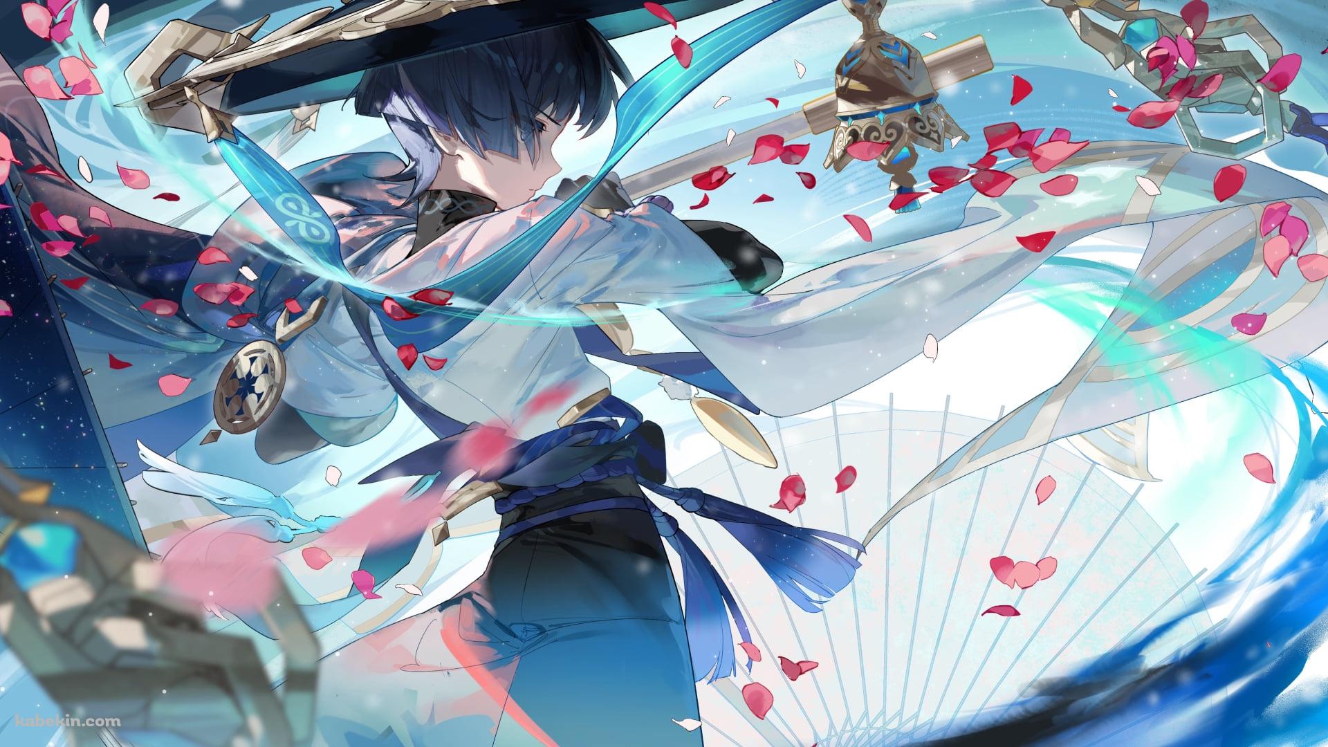 武器をかまえるかっこいいスカラマシュ / 放浪者 / ピンクの花びら / 原神の壁紙(1920px x 1080px) 高画質 PC・デスクトップ用