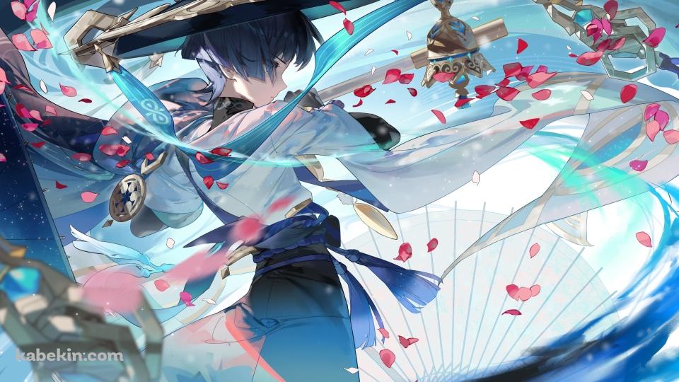 武器をかまえるかっこいいスカラマシュ / 放浪者 / ピンクの花びら / 原神の壁紙(960px x 540px) 高画質 PC・デスクトップ用