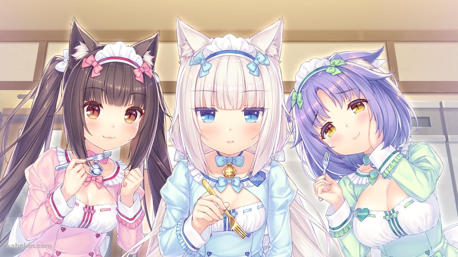 フォークを持つ可愛いバニラ・ショコラ・シナモン / neko paradise / ネコぱらの壁紙(1536px x 864px) 高画質 PC・デスクトップ用
