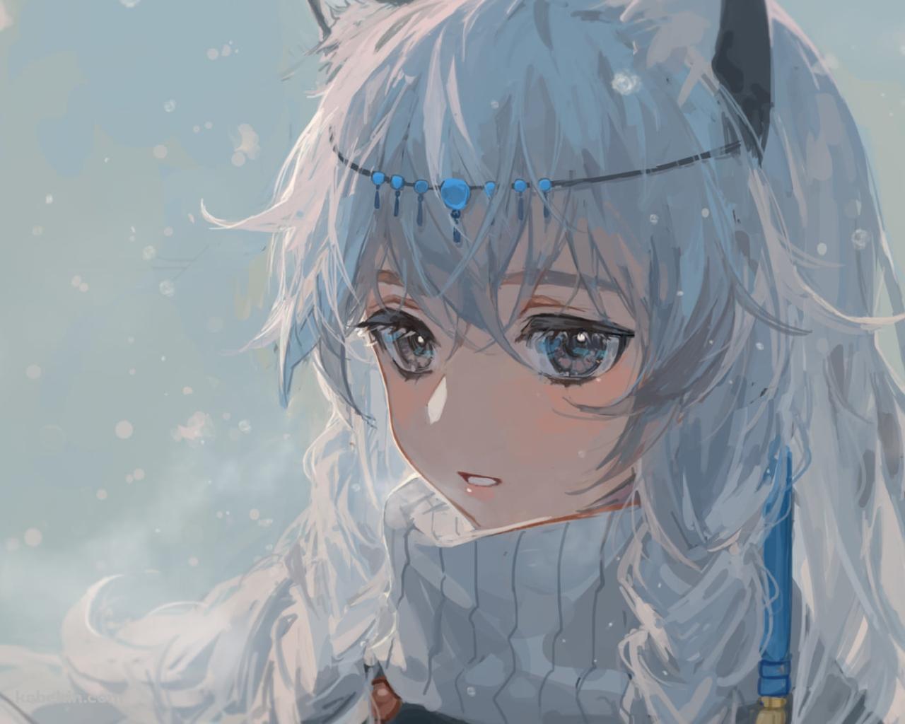 雪が降る中、白い息を吐くプラマニクス / アークナイツの壁紙(1280px x 1024px) 高画質 PC・デスクトップ用