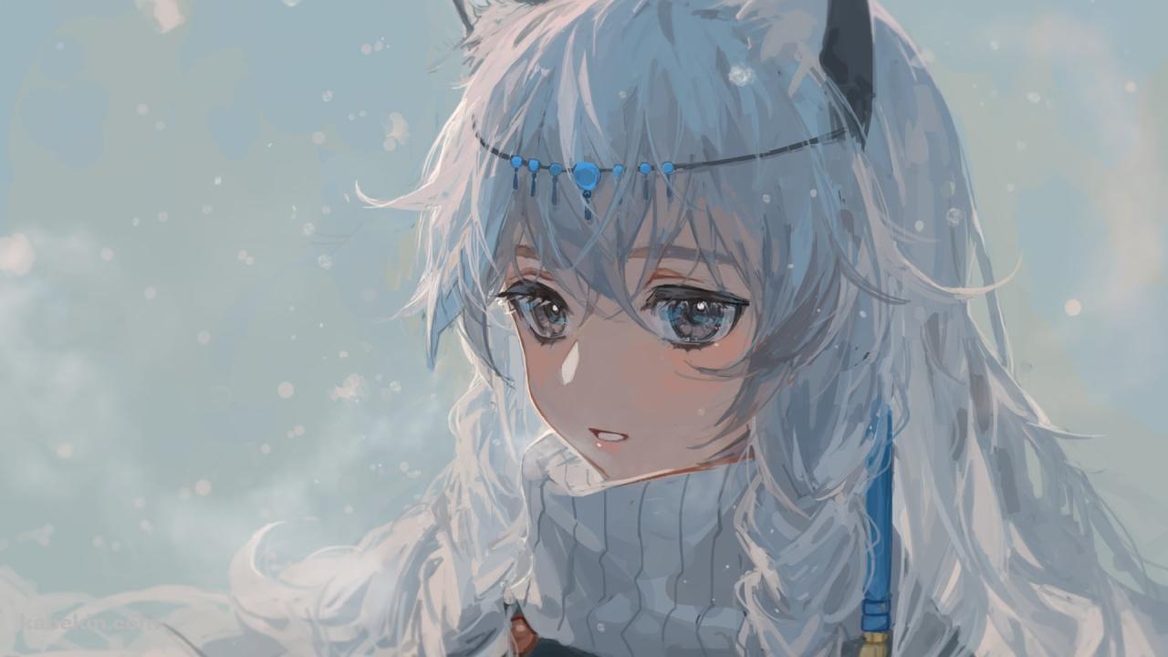 雪が降る中、白い息を吐くプラマニクス / アークナイツの壁紙(1280px x 720px) 高画質 PC・デスクトップ用