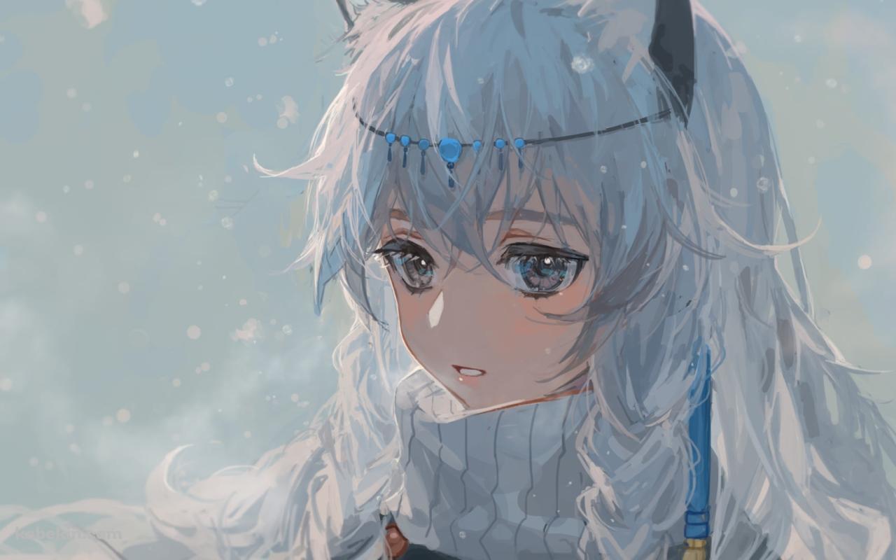 雪が降る中、白い息を吐くプラマニクス / アークナイツの壁紙(1280px x 800px) 高画質 PC・デスクトップ用
