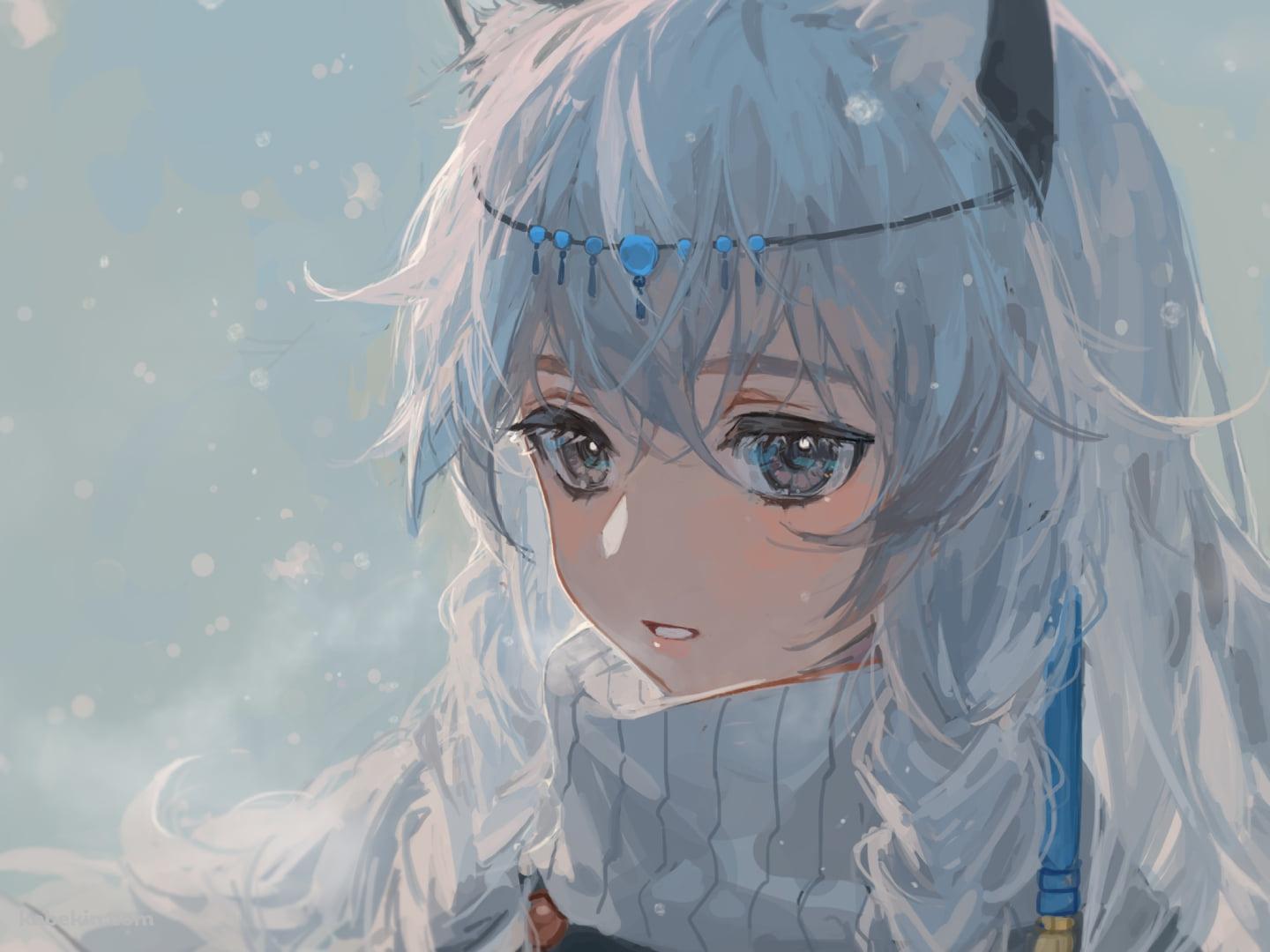 雪が降る中、白い息を吐くプラマニクス / アークナイツの壁紙(1440px x 1080px) 高画質 PC・デスクトップ用
