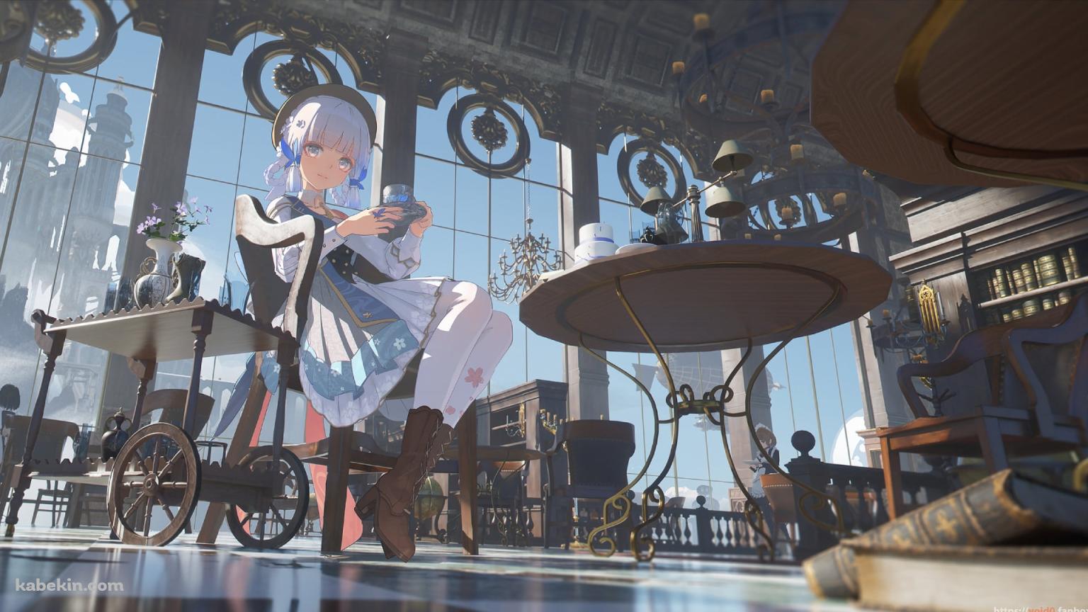 ロビーでお茶をする可愛い神里綾華 / 花時に訪れた手紙 / 原神の壁紙(1536px x 864px) 高画質 PC・デスクトップ用