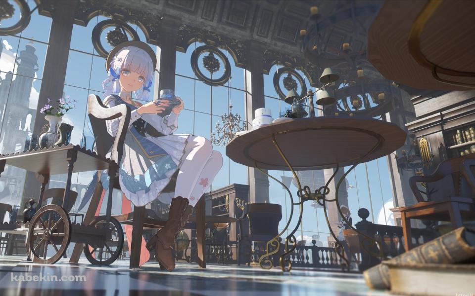 ロビーでお茶をする可愛い神里綾華 / 花時に訪れた手紙 / 原神の壁紙(960px x 600px) 高画質 PC・デスクトップ用