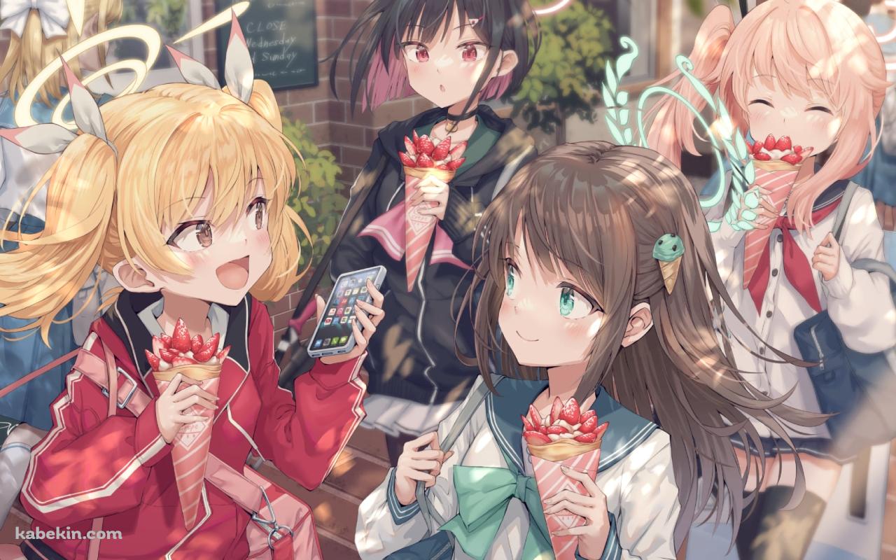 苺のクレープを食べながら下校する杏山カズサ・伊原木ヨシミ・柚鳥ナツ・栗村アイリ / ブルアカ / ブルーアーカイブの壁紙(1280px x 800px) 高画質 PC・デスクトップ用