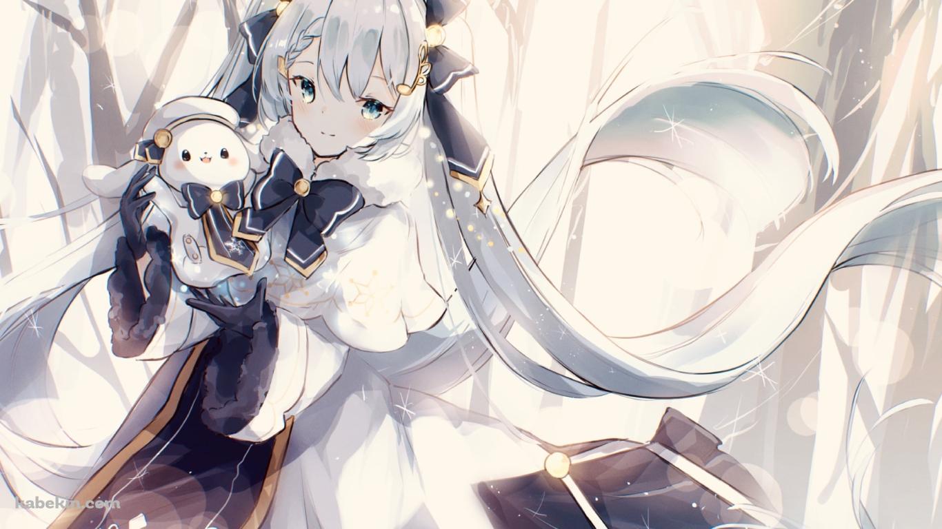 林の中でラビット・ユキネを抱く可愛い雪ミク / 初音ミク / ボカロ / ボーカロイドの壁紙(1366px x 768px) 高画質 PC・デスクトップ用