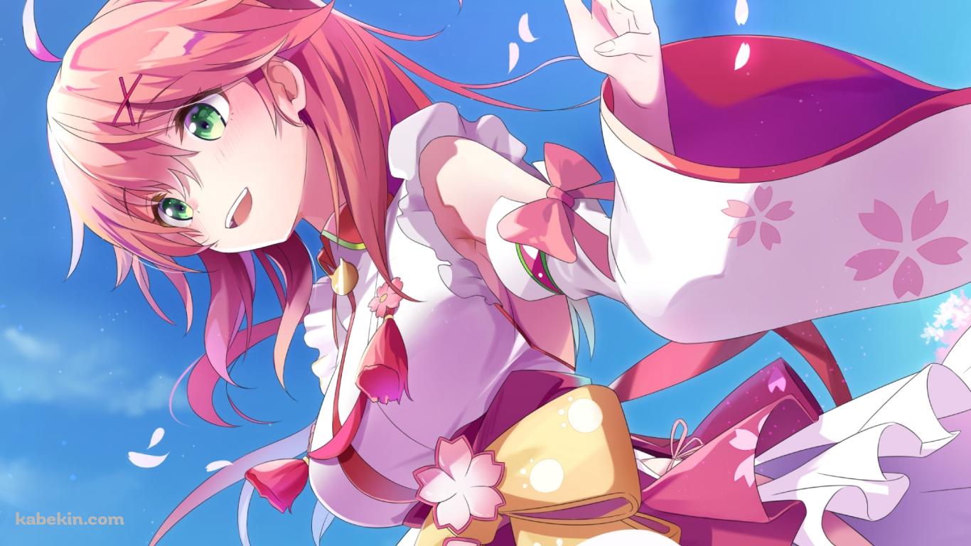 満開の桜と笑顔のさくらみこ / アホ毛 / 斜めからのアングル / ホロライブ / バーチャルYouTuber / Vtuberの壁紙(1366px x 768px) 高画質 PC・デスクトップ用