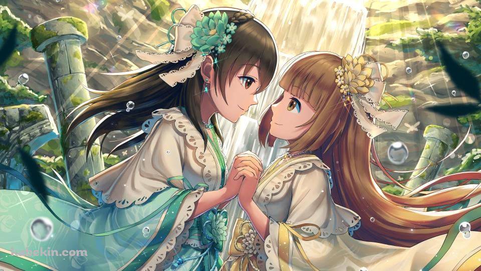 両手を組む可愛い依田芳乃 (よりたよしの)と藤原肇（ふじわら はじめ） / アイドルマスターシンデレラガールズの壁紙(960px x 540px) 高画質 PC・デスクトップ用