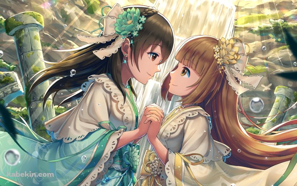 両手を組む可愛い依田芳乃 (よりたよしの)と藤原肇（ふじわら はじめ） / アイドルマスターシンデレラガールズの壁紙(960px x 600px) 高画質 PC・デスクトップ用