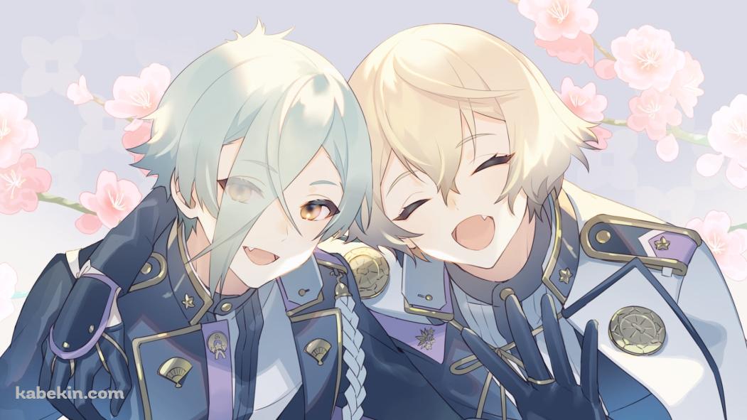 肩を組み笑顔の髭切と膝丸 / 桜の花 / 刀剣乱舞の壁紙(1051px x 591px) 高画質 PC・デスクトップ用