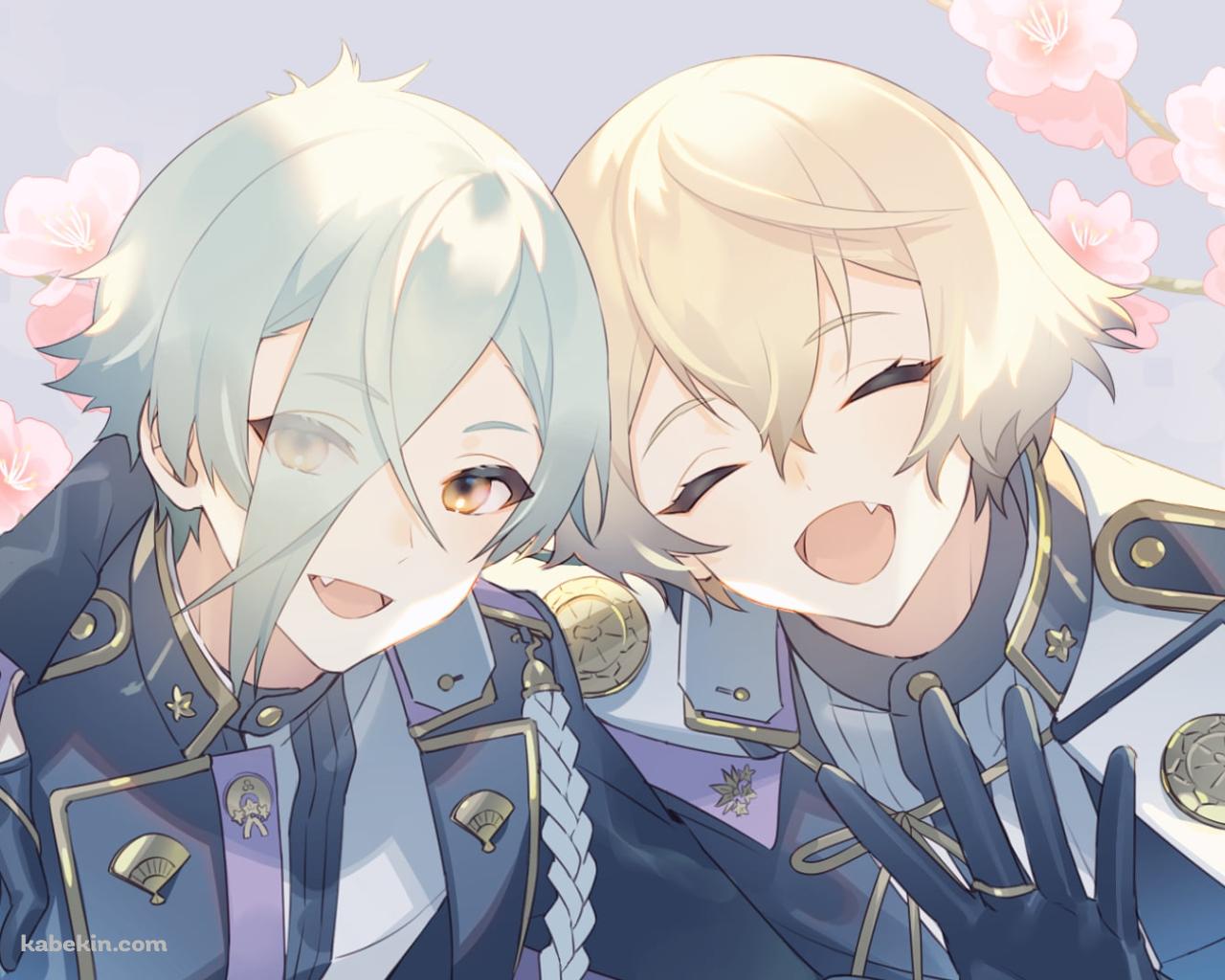 肩を組み笑顔の髭切と膝丸 / 桜の花 / 刀剣乱舞の壁紙(1280px x 1024px) 高画質 PC・デスクトップ用