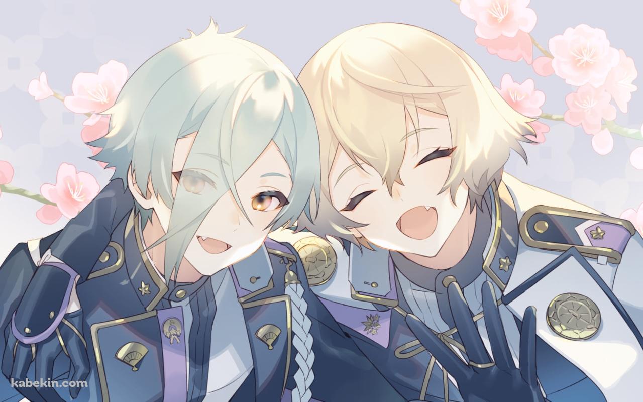 肩を組み笑顔の髭切と膝丸 / 桜の花 / 刀剣乱舞の壁紙(1280px x 800px) 高画質 PC・デスクトップ用