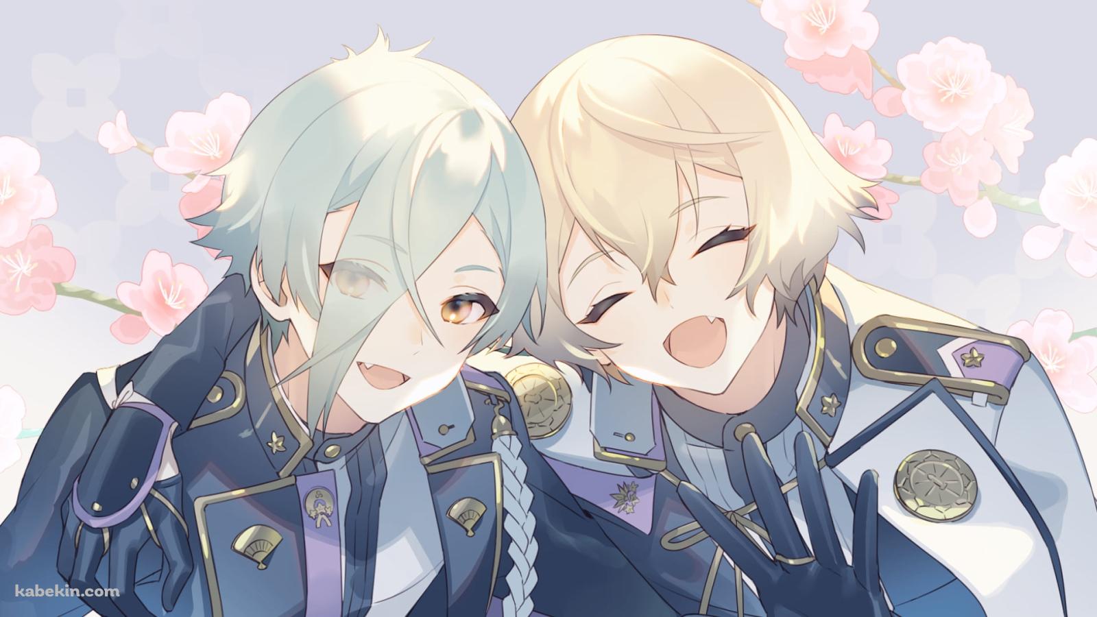 肩を組み笑顔の髭切と膝丸 / 桜の花 / 刀剣乱舞の壁紙(1600px x 900px) 高画質 PC・デスクトップ用
