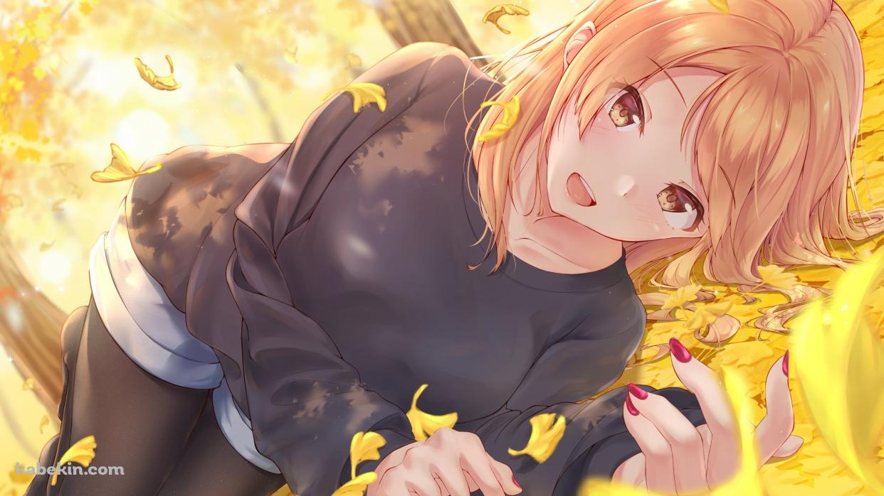 黄色い銀杏の葉の絨毯に寝そべる可愛い北条加蓮 / アイドルマスターシンデレラガールズの壁紙(1242px x 698px) 高画質 PC・デスクトップ用