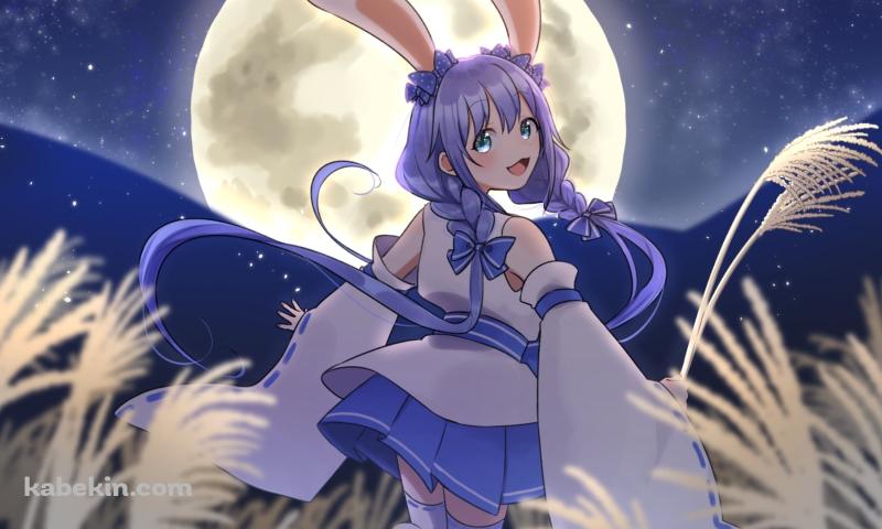 笑顔で振り向く勇気ちひろ / 十五夜 / ススキ / 満月 / にじさんじ / バーチャルYouTuber / Vtuberの壁紙(800px x 480px) 高画質 PC・デスクトップ用