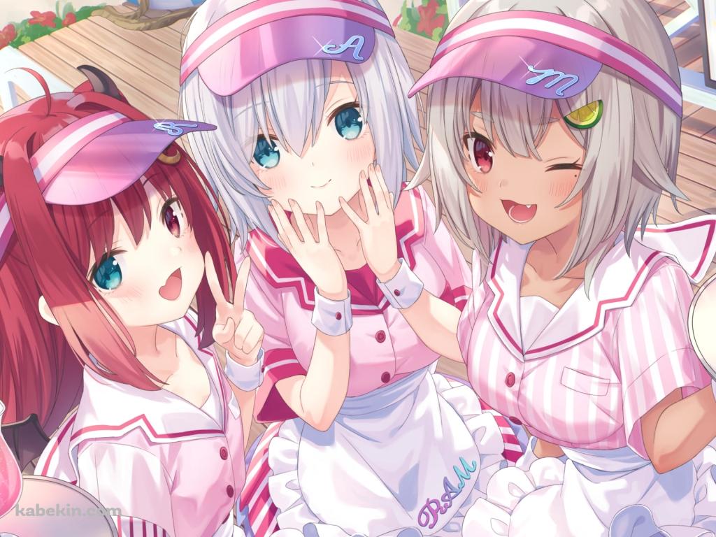 飲み物を運ぶ可愛い夢月ロア / アルス・アルマル / 葉山舞鈴 / サンバイザー / シーサイド / にじさんじ / バーチャルYouTuber / Vtuberの壁紙(1024px x 768px) 高画質 PC・デスクトップ用