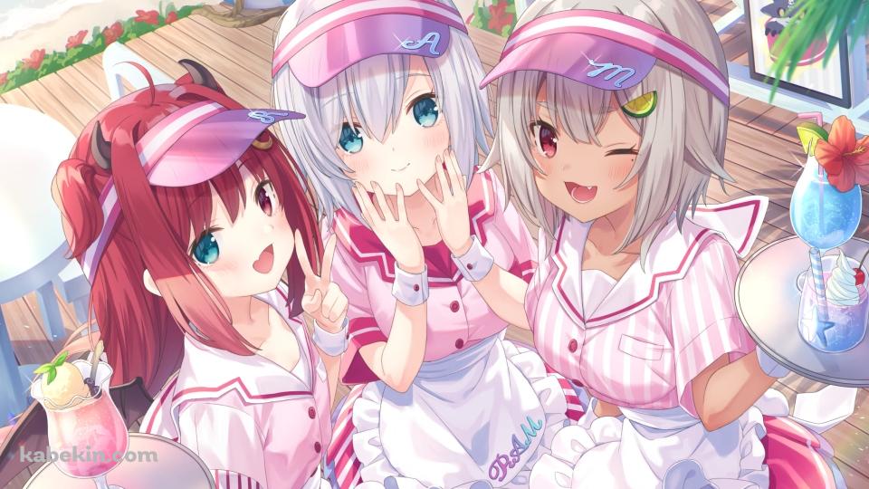 飲み物を運ぶ可愛い夢月ロア / アルス・アルマル / 葉山舞鈴 / サンバイザー / シーサイド / にじさんじ / バーチャルYouTuber / Vtuberの壁紙(960px x 540px) 高画質 PC・デスクトップ用
