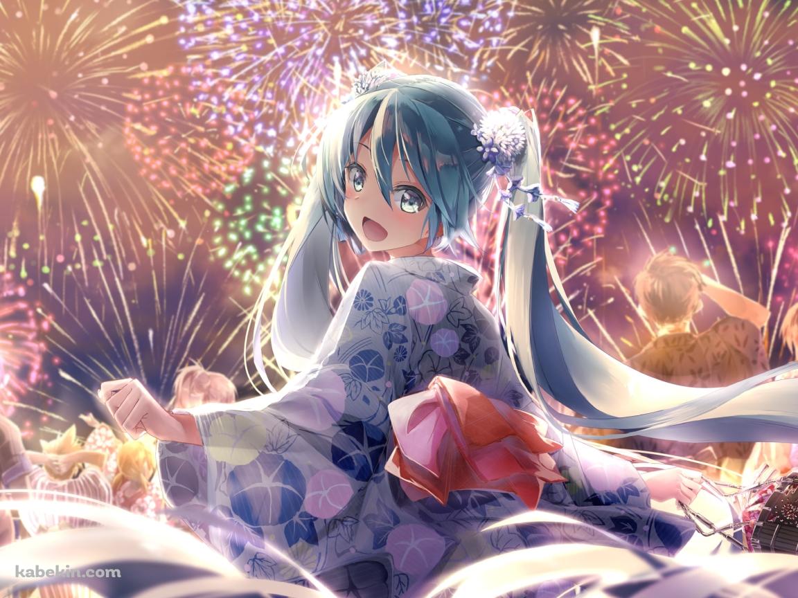 綺麗な花火と浴衣を着て振り返る可愛い初音ミク / ボカロ / ボーカロイドの壁紙(1152px x 864px) 高画質 PC・デスクトップ用