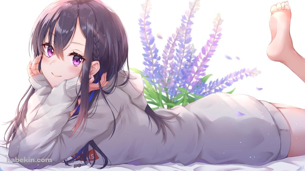 ラベンダーの花と寝そべる可愛い一ノ瀬うるは / ぶいすぽっ！ / バーチャルYouTuber / Vtuberの壁紙(1024px x 576px) 高画質 PC・デスクトップ用