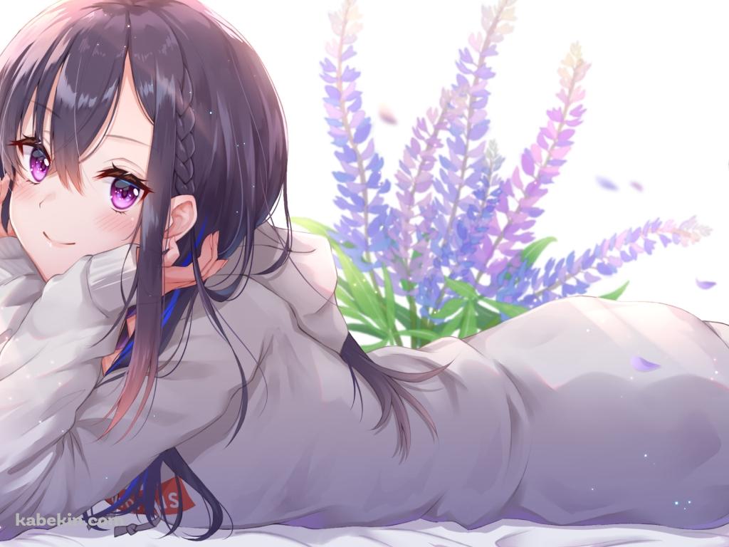 ラベンダーの花と寝そべる可愛い一ノ瀬うるは / ぶいすぽっ！ / バーチャルYouTuber / Vtuberの壁紙(1024px x 768px) 高画質 PC・デスクトップ用