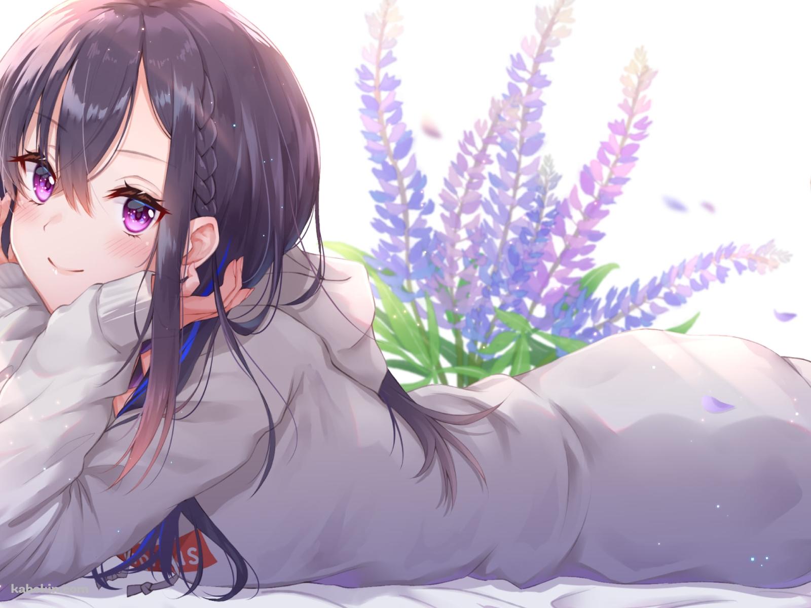 ラベンダーの花と寝そべる可愛い一ノ瀬うるは / ぶいすぽっ！ / バーチャルYouTuber / Vtuberの壁紙(1600px x 1200px) 高画質 PC・デスクトップ用