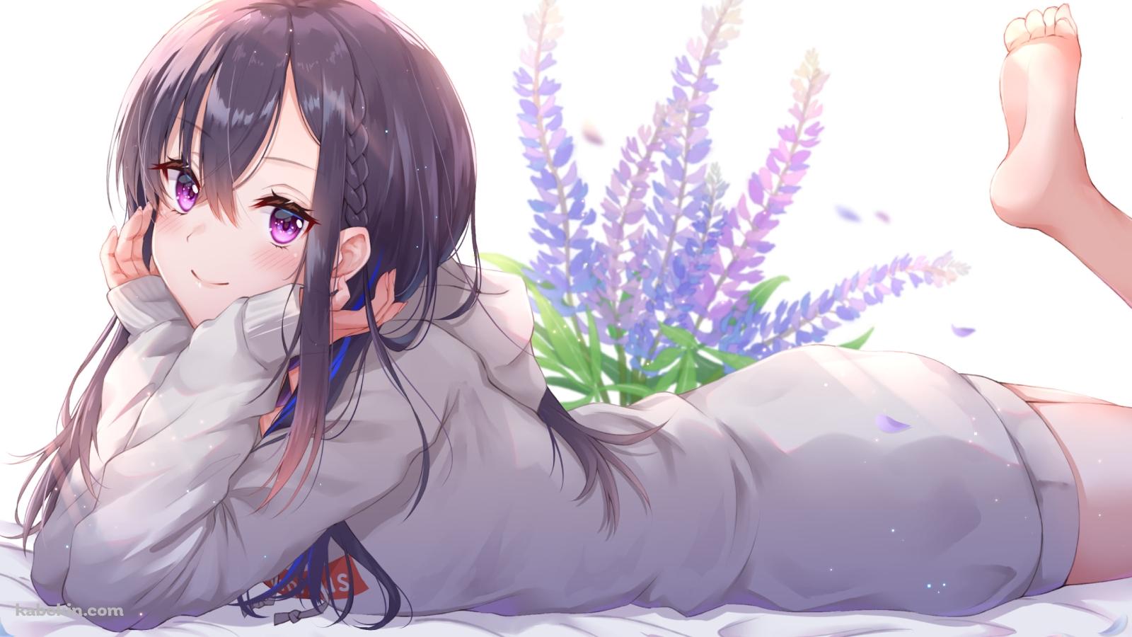 ラベンダーの花と寝そべる可愛い一ノ瀬うるは / ぶいすぽっ！ / バーチャルYouTuber / Vtuberの壁紙(1600px x 900px) 高画質 PC・デスクトップ用