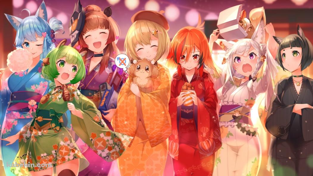 宗谷いちか、因幡はねる、白宮みみ、日ノ隈らん、灰原あかね、風見くく、柚原いづみ / 夏祭り / 着物 / バーチャルYouTuber / Vtuberの壁紙(1051px x 591px) 高画質 PC・デスクトップ用