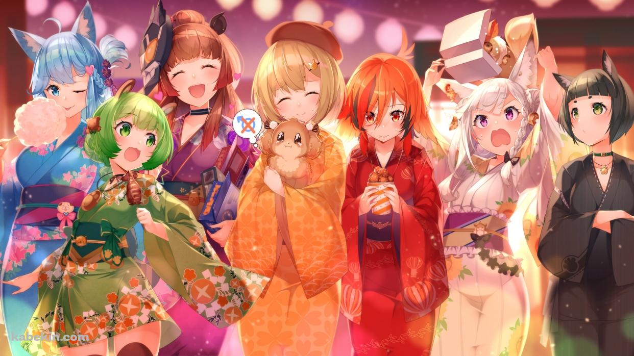 宗谷いちか、因幡はねる、白宮みみ、日ノ隈らん、灰原あかね、風見くく、柚原いづみ / 夏祭り / 着物 / バーチャルYouTuber / Vtuberの壁紙(1242px x 698px) 高画質 PC・デスクトップ用