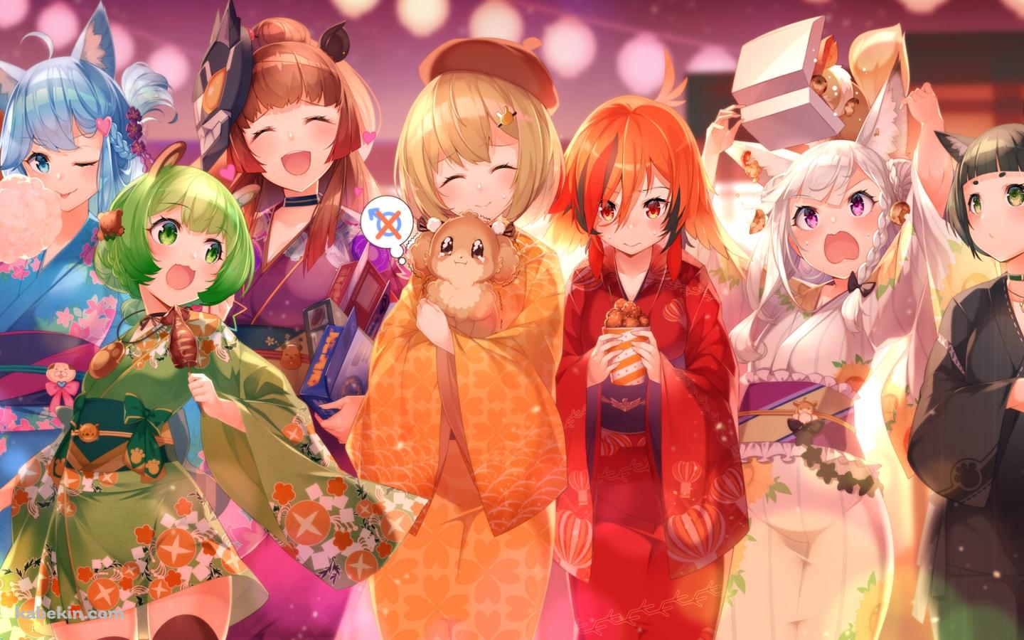宗谷いちか、因幡はねる、白宮みみ、日ノ隈らん、灰原あかね、風見くく、柚原いづみ / 夏祭り / 着物 / バーチャルYouTuber / Vtuberの壁紙(1440px x 900px) 高画質 PC・デスクトップ用