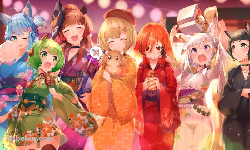 宗谷いちか、因幡はねる、白宮みみ、日ノ隈らん、灰原あかね、風見くく、柚原いづみ / 夏祭り / 着物 / バーチャルYouTuber / Vtuberの壁紙(800px x 480px) 高画質 PC・デスクトップ用