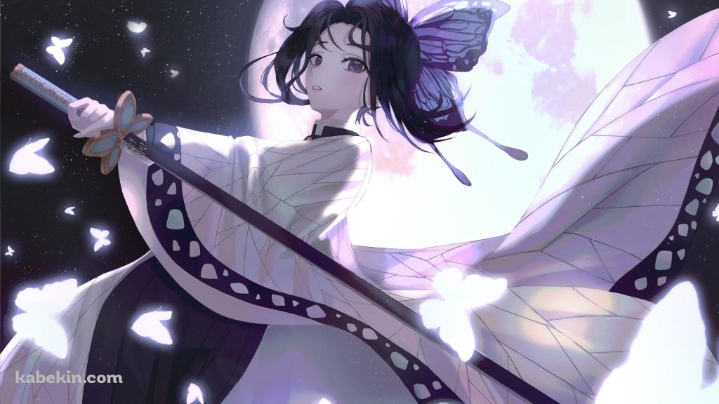 満月と長い刀を持つ胡蝶しのぶ / 鬼滅の刃の壁紙(1024px x 576px) 高画質 PC・デスクトップ用