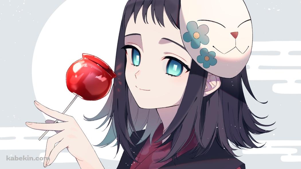 リンゴ飴を持つ狐面を頭に乗せた真菰 / 鬼滅の刃の壁紙(1051px x 591px) 高画質 PC・デスクトップ用