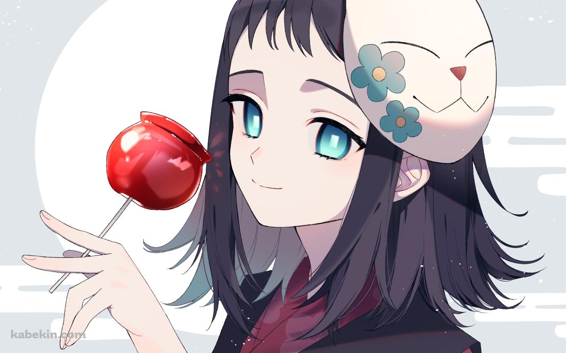リンゴ飴を持つ狐面を頭に乗せた真菰 / 鬼滅の刃の壁紙(1152px x 720px) 高画質 PC・デスクトップ用