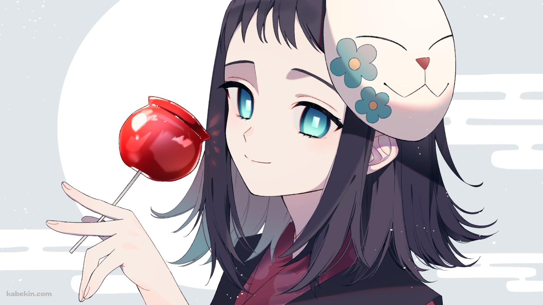 リンゴ飴を持つ狐面を頭に乗せた真菰 / 鬼滅の刃の壁紙(1829px x 1029px) 高画質 PC・デスクトップ用