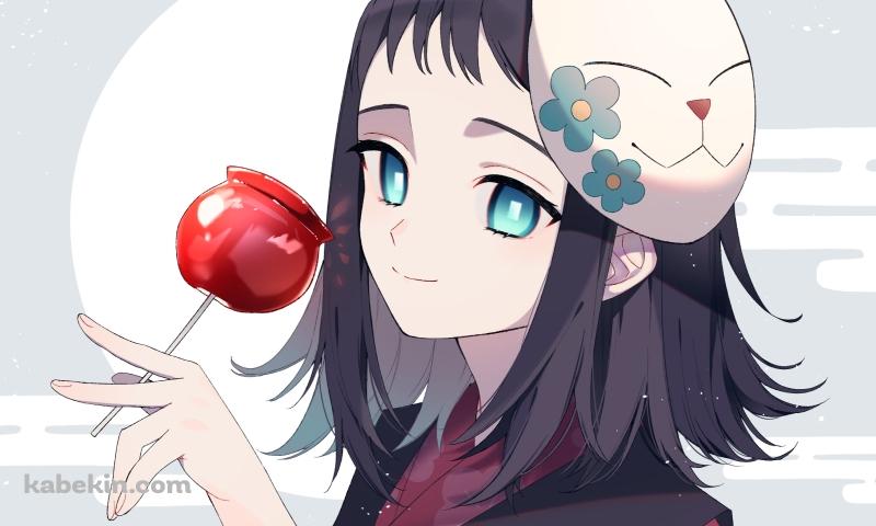 リンゴ飴を持つ狐面を頭に乗せた真菰 / 鬼滅の刃の壁紙(800px x 480px) 高画質 PC・デスクトップ用