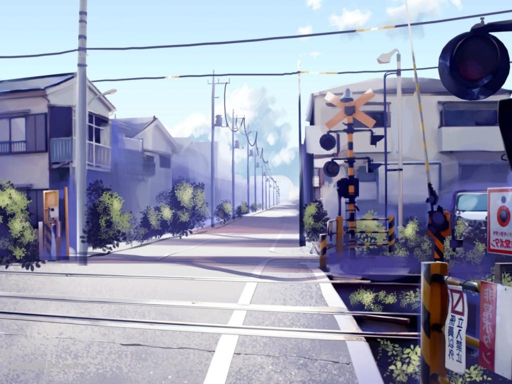 住宅街・踏切・線路・立ち入り禁止・非常ボタンの壁紙(1024px x 768px) 高画質 PC・デスクトップ用