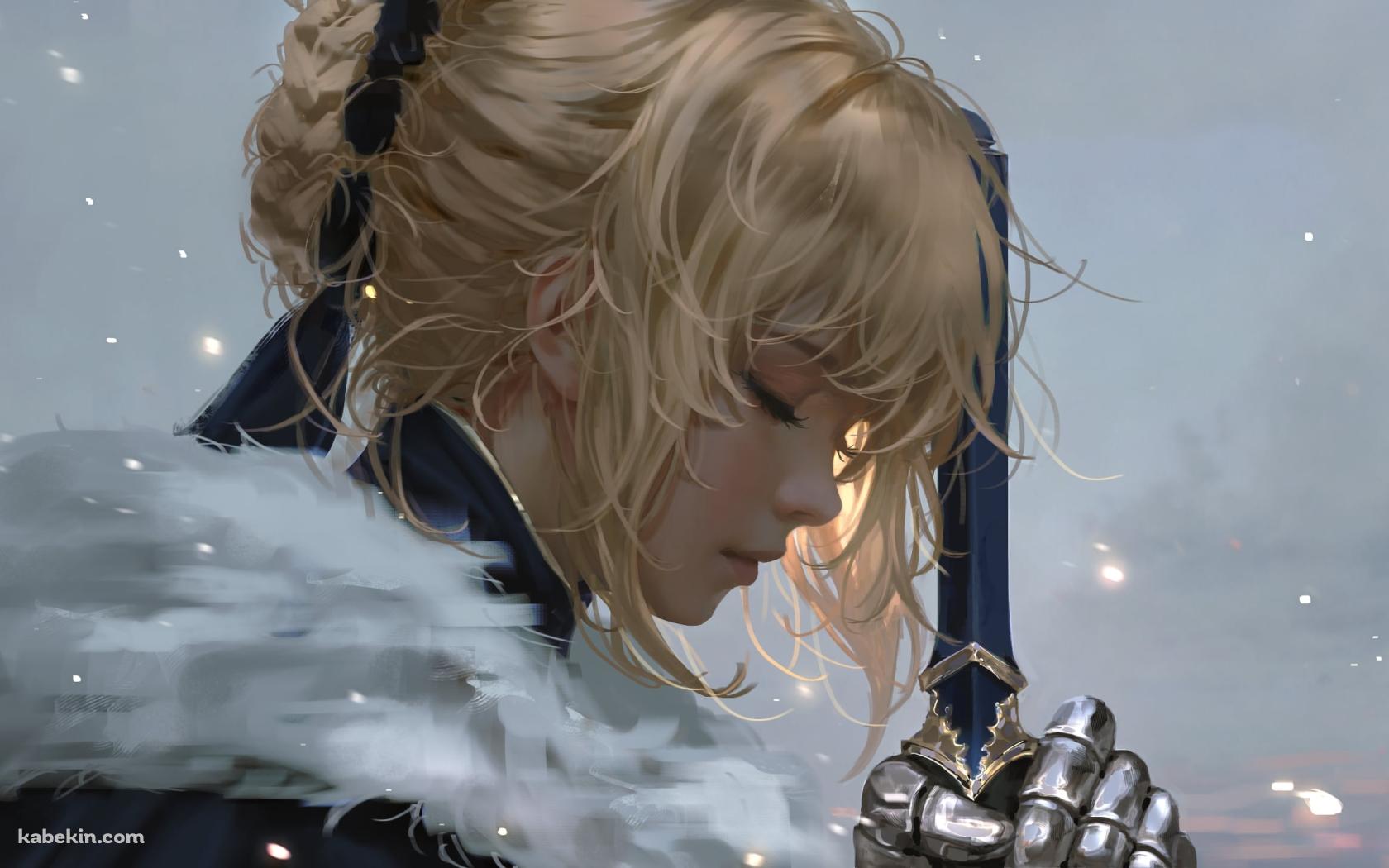 雪の中、青い剣を持ち目をつぶるアルトリア・ペンドラゴン / セイバー / リアリスティック / フェイト／ステイナイト / Fateの壁紙(1680px x 1050px) 高画質 PC・デスクトップ用
