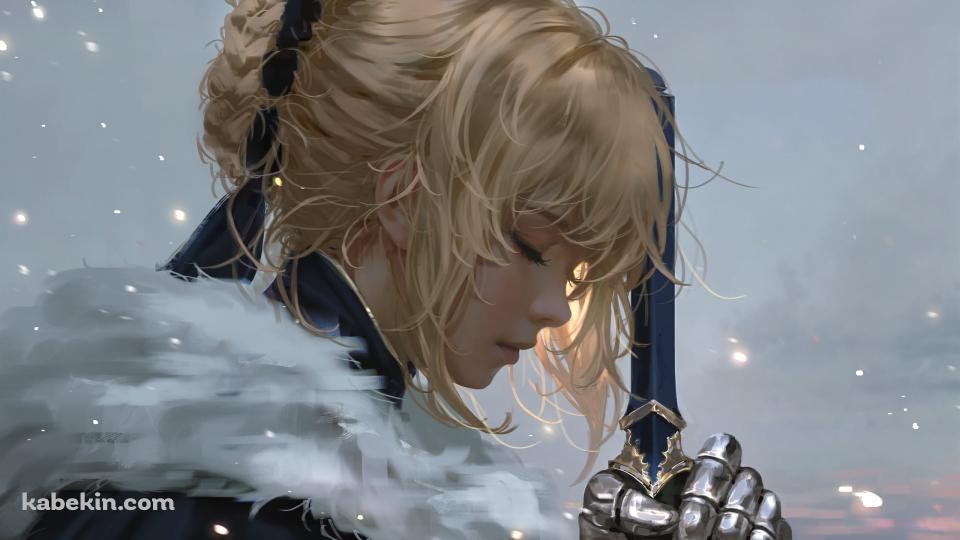 雪の中、青い剣を持ち目をつぶるアルトリア・ペンドラゴン / セイバー / リアリスティック / フェイト／ステイナイト / Fateの壁紙(960px x 540px) 高画質 PC・デスクトップ用