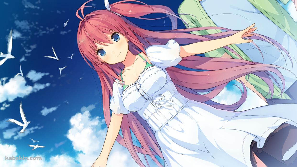 両手を広げる可愛い倉科明日香 / 白い鳩の群れ / 青空 / 蒼の彼方のフォーリズムの壁紙(1242px x 698px) 高画質 PC・デスクトップ用