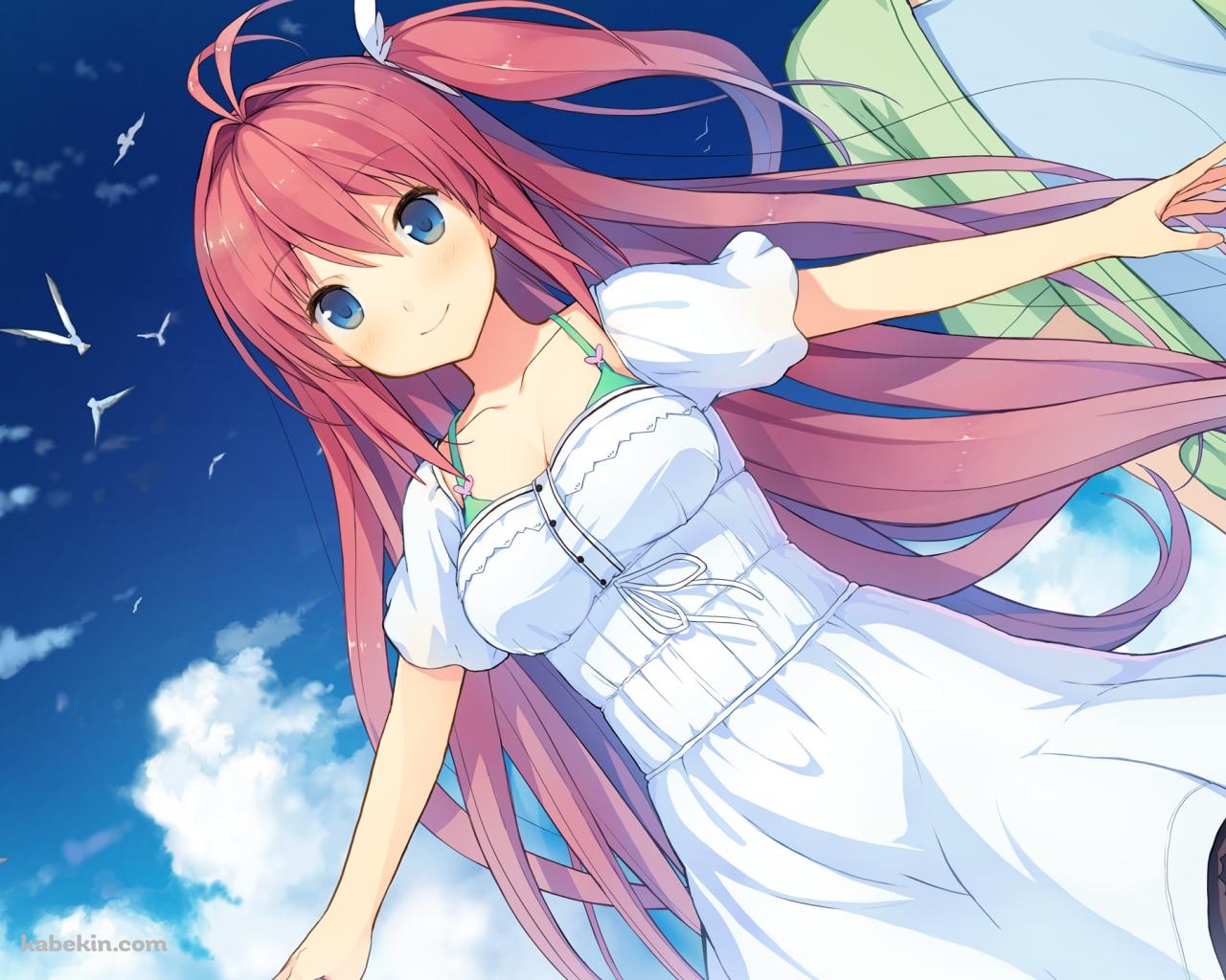 両手を広げる可愛い倉科明日香 / 白い鳩の群れ / 青空 / 蒼の彼方のフォーリズムの壁紙(1280px x 1024px) 高画質 PC・デスクトップ用