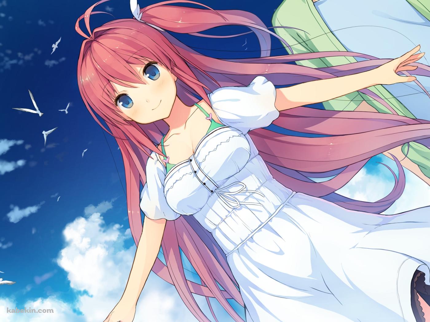 両手を広げる可愛い倉科明日香 / 白い鳩の群れ / 青空 / 蒼の彼方のフォーリズムの壁紙(1400px x 1050px) 高画質 PC・デスクトップ用