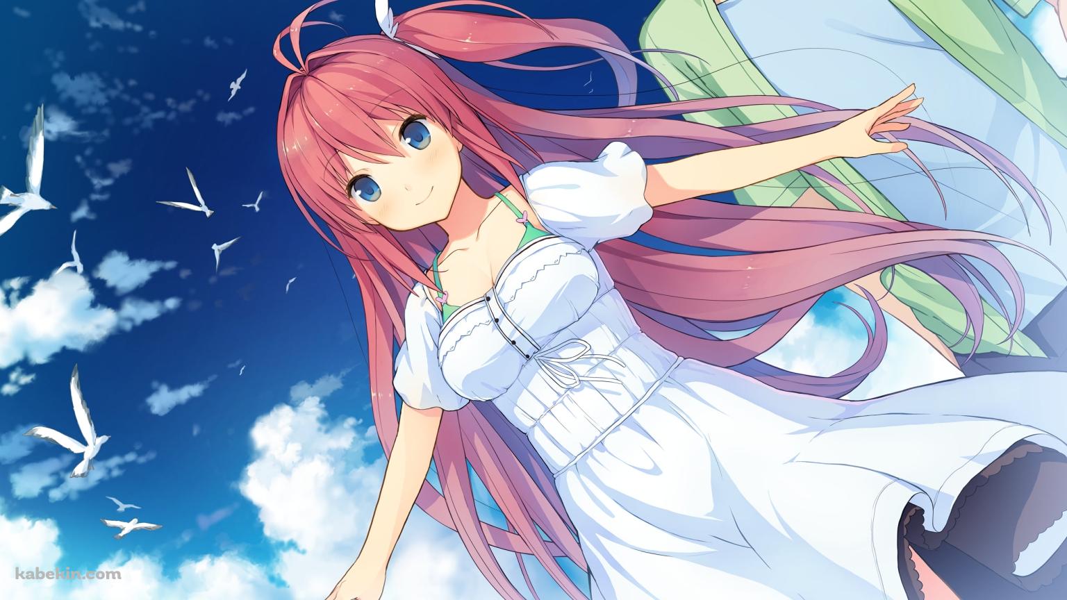 両手を広げる可愛い倉科明日香 / 白い鳩の群れ / 青空 / 蒼の彼方のフォーリズムの壁紙(1536px x 864px) 高画質 PC・デスクトップ用