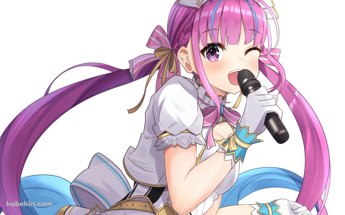 マイクを持ちウィンクする湊あくあ / ホロライブ / バーチャルYouTuber / Vtuberの壁紙(1152px x 720px) 高画質 PC・デスクトップ用