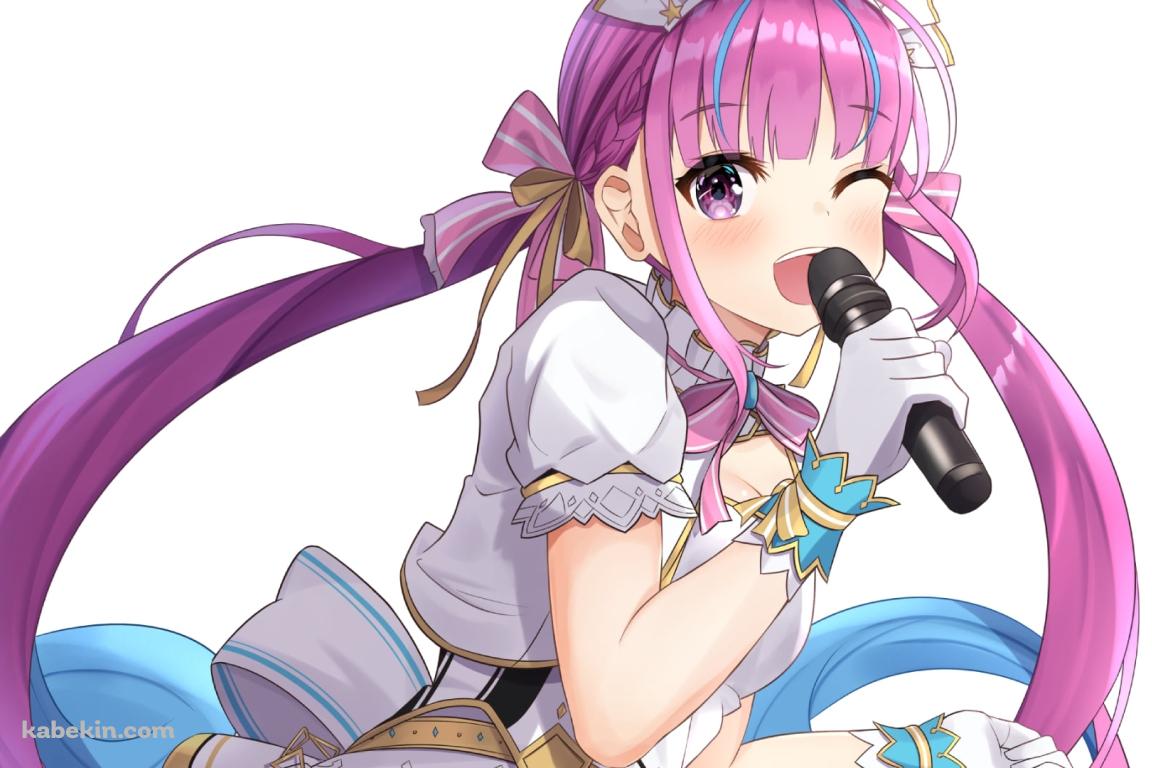 マイクを持ちウィンクする湊あくあ / ホロライブ / バーチャルYouTuber / Vtuberの壁紙(1152px x 768px) 高画質 PC・デスクトップ用