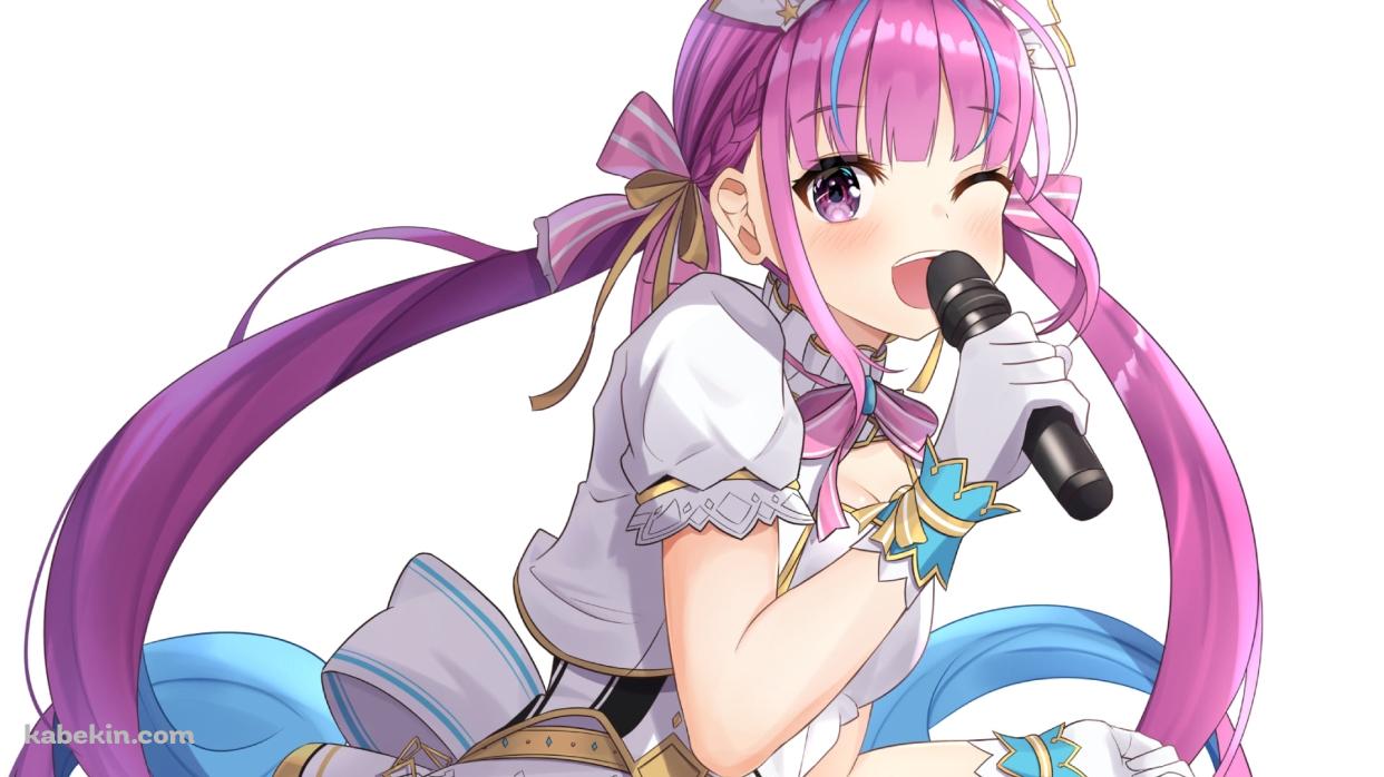 マイクを持ちウィンクする湊あくあ / ホロライブ / バーチャルYouTuber / Vtuberの壁紙(1242px x 698px) 高画質 PC・デスクトップ用