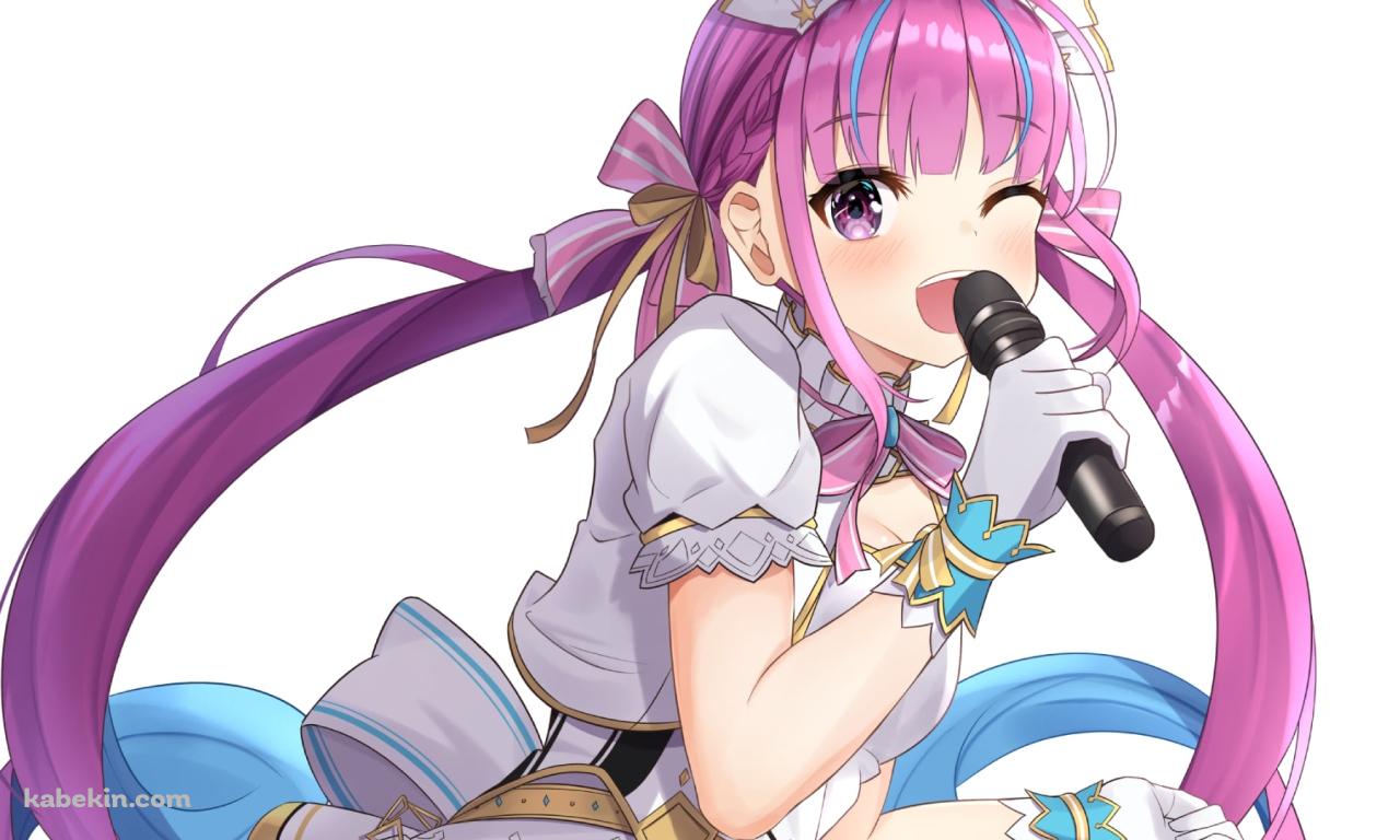 マイクを持ちウィンクする湊あくあ / ホロライブ / バーチャルYouTuber / Vtuberの壁紙(1280px x 768px) 高画質 PC・デスクトップ用
