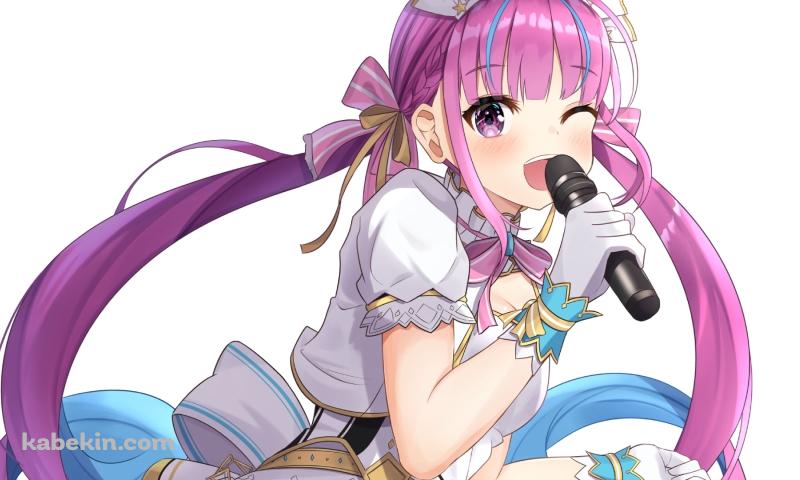 マイクを持ちウィンクする湊あくあ / ホロライブ / バーチャルYouTuber / Vtuberの壁紙(800px x 480px) 高画質 PC・デスクトップ用